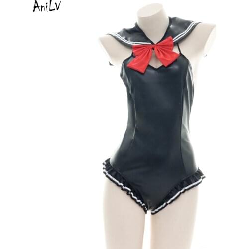 AniLV Japanese Anime School Pu Leather Sailor one-piece Swimsuit Costume Girl Bodysuit Swimwear Uniform Pool Party Cosplay