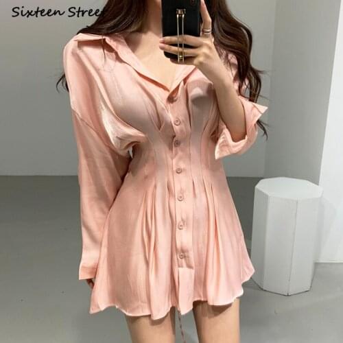 Gloss Pink Dress Woman Button Up Fall 2021 High Waist Single Breasted Chic Dress Vestido Korean Fashion Long Sleeve Sexy Dresses