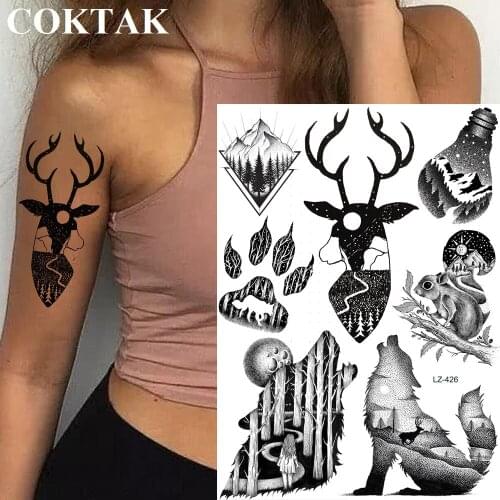COKTAK Galaxy Creek Elk Deer Tattoos Temporary For Men Women Arm Nack Tatoo Sticker Wateproof Fake Forest Roar Wolf Tattoo Paper