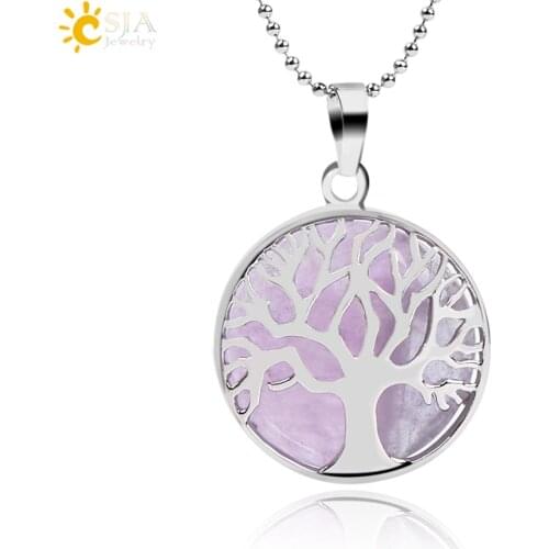 CSJA Natural Round Gem Stone Kabbalah Tree of Life Necklaces Pendants Pink Quartz White Crystal Lapis Lazuli Tiger Eye Opal F044