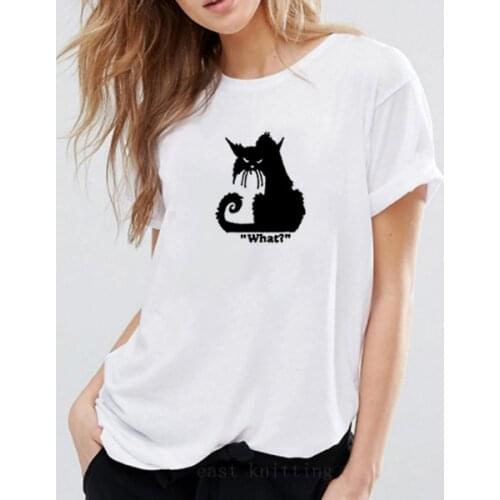 WHAT CAT Printed Tee Shirt Femme Summer Short Sleeve O-neck T Shirts for Women Cotton Loose Black White T Shirt Women