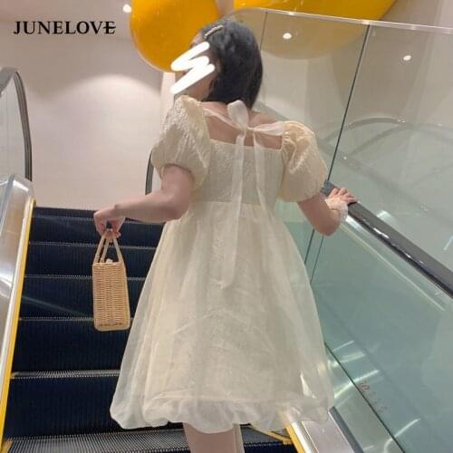 JuneLove Kawaii Sweet Dress Women Korean Style Cute Princess Bow Lace-up Dress Bubble Sleeve Casual Holiday Party Dress 2021 New