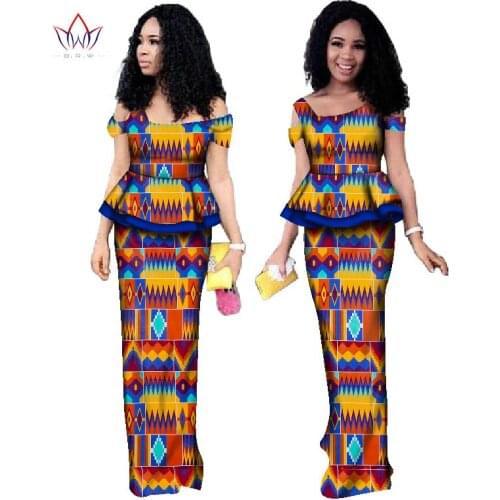 BRW New Fashion Africa Wax Print 2 Pieces Skirt Sets Bazin Riche Women African Style Clothing Crop Skirt and Top Set WY2039