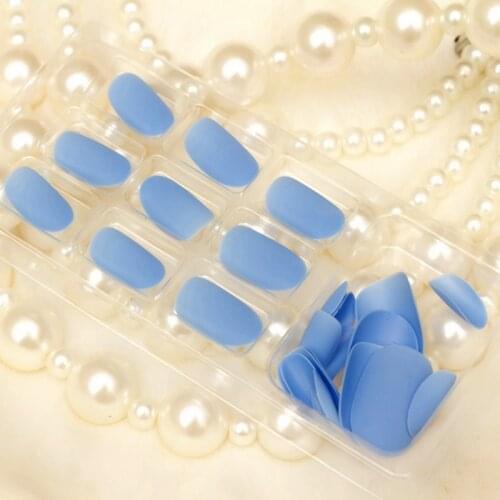 Matte Sky Blue Fake Finger Nails Grace Daily Wear Pess-on Nails Oval Full Tips Easy DIY Must for Office Ladies