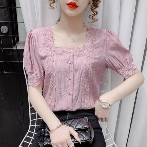 Fashion all-match chiffon shirt 2021 summer new sweet and fresh lace short-sleeved blouse square neck stitching female leisure