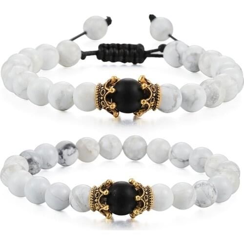 Charm Bracelet for Men Fashion Luxury Imperial Crown High Quality Nature Black White Stone Beaded Bracelets Bangles Jewelry Gift