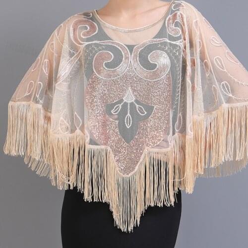 Womens 1920s Mesh Sequin Wedding Bridal Cape Evening Shawl Wrap Roaring 20s Cape Fringed Gatsby Flapper Dress Accessories