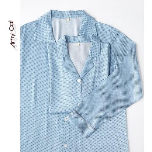 2020 Autumn Couple Pajamas Satin Black Polka Dot Long-sleeved Trousers Cardigan Suit Satin Comfortable Plus Size Home Service