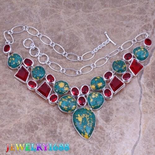 Sparkly Green Natural Stone Red Garnet Silver Plated Grade Necklace L529
