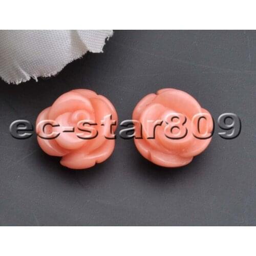 S2093 Real handmade-carve 13mm Pink Rose Coral Stud Earring Sterling Silver