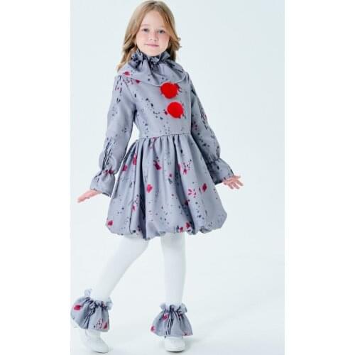 Girl Clown Cos Gray Dresses Neckwear Foot Cover 3Pcs Set Carnival Disguisement Kid Long Sleeves Dress Halloween Cosplay Costumes