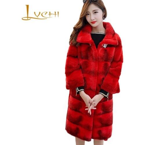 LVCHI Winter 2019 Import Cross Mink Fur Coats Womens Nine Quarter Chinese Red Color Coat Full Pelt Sashes Long Mink Fur Coats