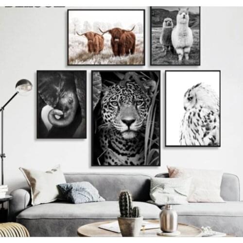 TigerJaguar Cow Cute Alpaca Animal Poster and Prints Black White Wall Art Nursery Canvas Painting Pictures for Living Room Home