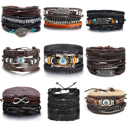 WYBU 4 Sets Multilayer Leather Bracelets for Men Hand Made Beaded Braided Wide Wrap Bracelets Bangles mens Fashion Jewelry