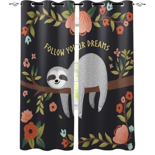 Kawaii Sloth Flower Branch Cartoon Blackout Curtains For Living Room Bedroom Window Treatment Blinds Drapes Kitchen Curtains