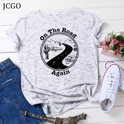 JCGO Summer Women T Shirt S-5XL Plus Size Cotton Graphic Road Print Short Sleeve Women Tees Tops Casual O-Neck Female TShirt
