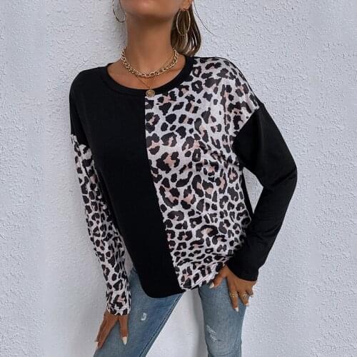 Womens Stylish T-shirt Patchwork O-Neck Leopard Pattern Long Sleeves Women Loose Pullover Tops Summer Autumn 2021