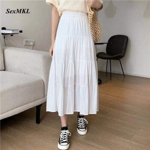 Spring Summer Women Chiffon Long Skirts 2021 Vintage High Waist Elastic Patchwork White Black Chic Long Cake School A-line Skirt
