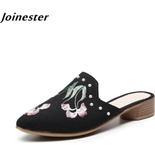 Pointed Toe Women Summer Slippers Retro Embroidered Mules for Ladies Beading Dress Shoes Female Ethnic Outdoor Vintage Slides