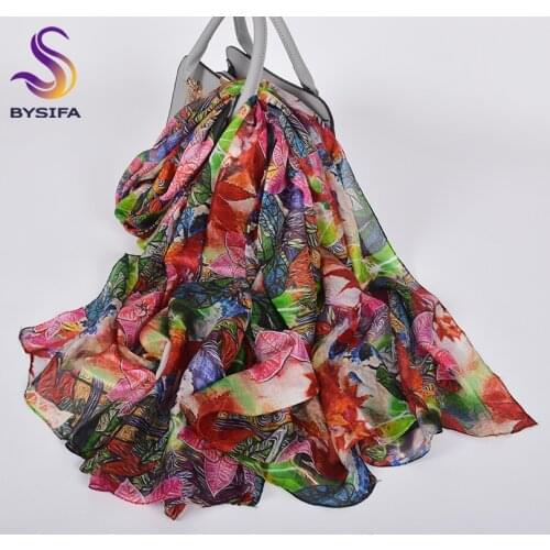 [BYSIFA] Luxury Pure Silk Long Scarf Shawl Female New Red Green Spring Fall Neck Scarf Cape Fashion Accessories Women Scarves
