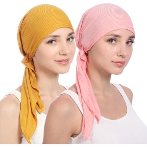 2020 new cotton turban hat women soild color headscarf bonnet femme musulman foulard hijab caps muslim wrap head scarf turbante