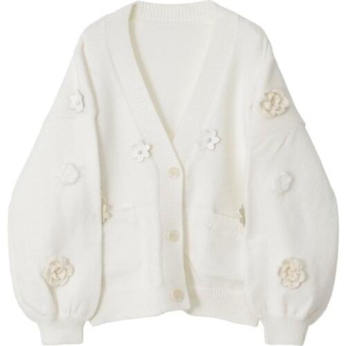 Knitted Cardigans Women Tops Flower Lantern Sleeves V-neck Long Sleeve England Style Woman Sweaters Casual Lady White Outerwear
