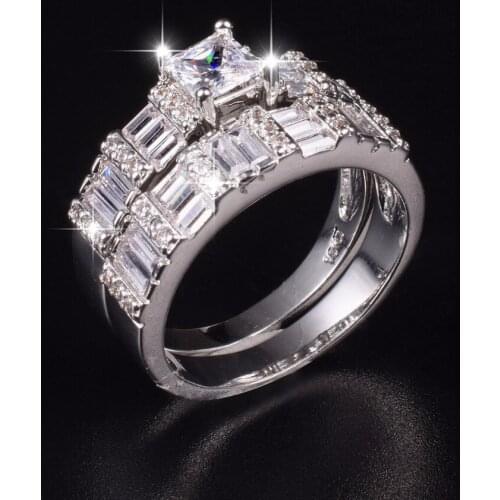 Womens Fashion Princess-cut Square topaz Zircon Ring Set 2-in-1 Ladys 10KT White gold Plated CZ Wedding Anniversary Rings