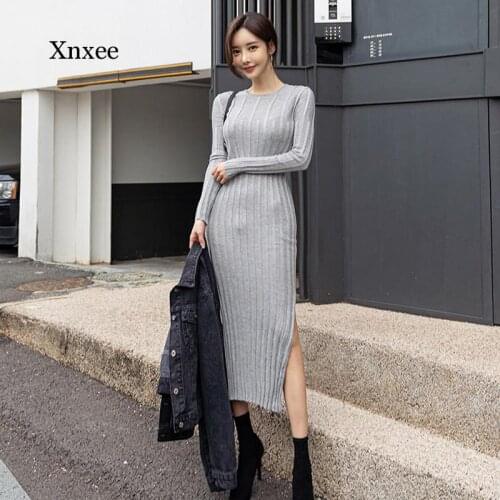 Knitted One Piece Ladies Korea Long Sweater Dress for Women Winter Long Sleeve Crew Neck Cotton Warm Maxi Party Dresses