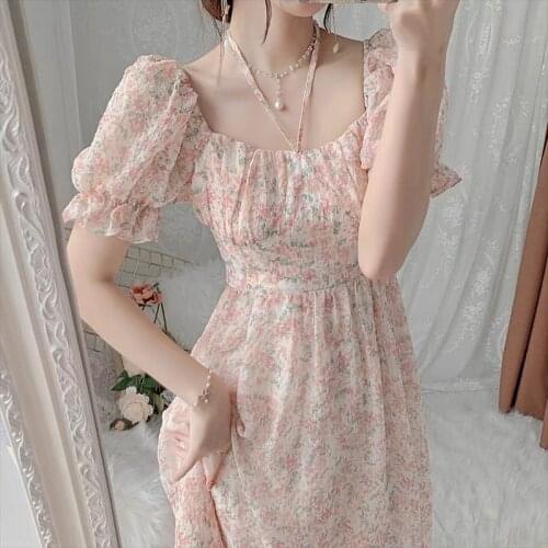 Summer New Floral Dress Woemn French Vintage Elegant Pink Puff Sleeve Long Dresses Female