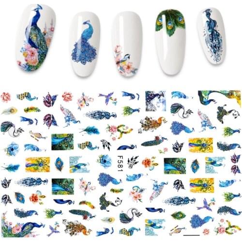 1pcs Nail Art Decorations Peacock Decals 3D Adhesive Nail Stickers Woman Face Leaf Foil Manicure Wrap