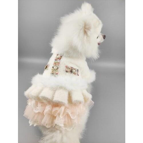 Free Shipping Winter Handmade Dog Clothes Faux Fur Dog Coat Pet Dress Luxurious High Quality Lace Skirt Warm Fabric Yorkie