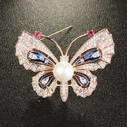 FALENA Jewelry Hand paint Butterfly Brooch inlay with Zircon Fashion Simulated Pearl Brooches for Women