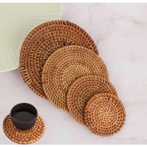 Round Cup Mats Natural Rattan/Wood Insulation Coasters Cup/Bowl Pad Tea Coffee Mug Drinks Holder DIY Kitchen Decor Accessories