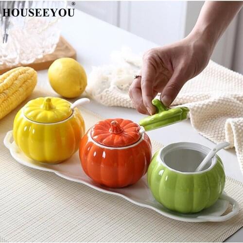 Creative Kitchen Pumpkin Shape Gravy Boats Ceramic Spice Jar Organizer Kitchen Condiment Seasoning Storage Box Tank