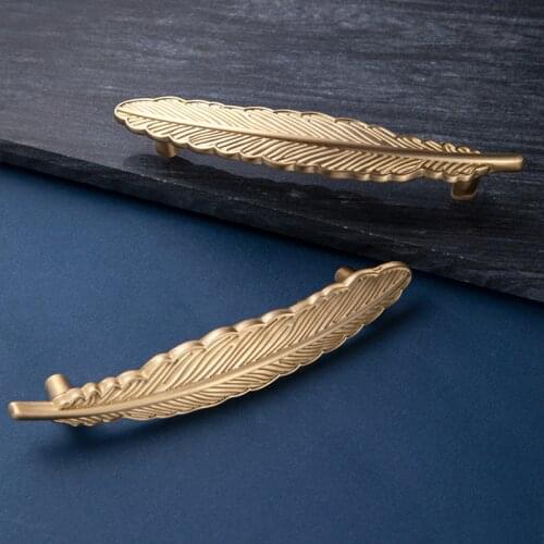 Brass Creative Feather Shape Furniture Handles Gold Cabinet and Drawer Handles Dresser Door Knobs Pulls Furniture Hardware