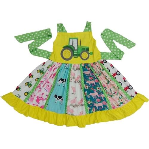 2020 Summer baby girls dress children fashionable green truck cartoon pattern adorable animals dots wave yellow kids clothes