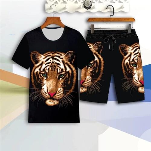 Mens short-sleeved 2-piece crown printing T-shirt + shorts casual sportswear 3D printing fashion suit male summer