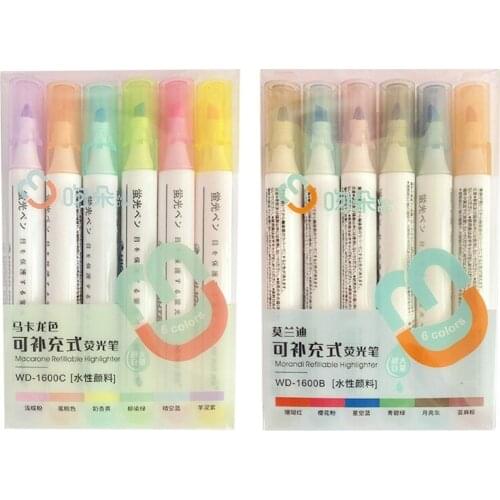 6 Colors Multi-purpose Refillable Highlighter Set Marker Pen Oblique Tip Non Toxic Colored Marker Pen for Note Taking