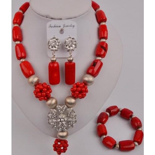 New Red Natural Coral Bead Necklace Nigeria Wedding African Bride Bridesmaid Dress Accessories Wedding Jewelry Set AU-146