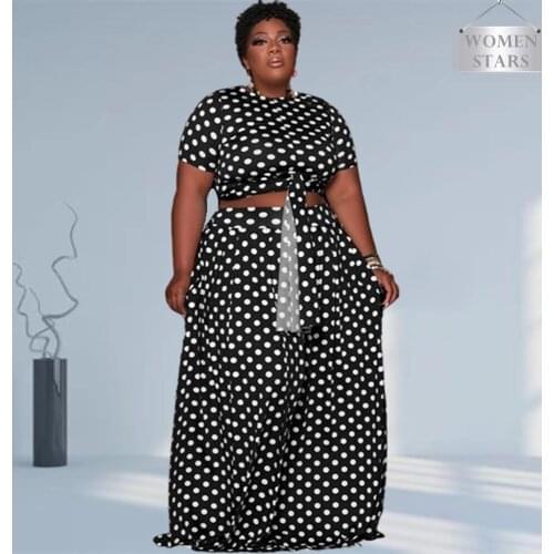 Wholesale Plus Size Two Piece Set Women Clothing Summer Dots Print Bandage and Full Length Maxi Skirt Suit Dropshipping 2021