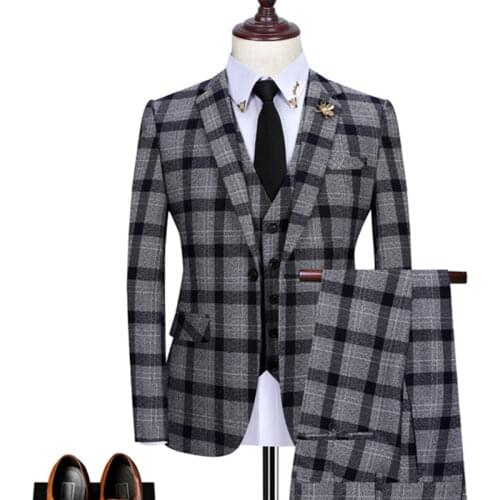 Blazers Jacket Vest Pants 3 Pcs Suit Set / 2021 Fashion Mens Slim Boutique Business Casual Wedding Groom Plaid Dress Trousers