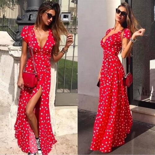 GOOHOJIO Ladies Long Dress Red White Polka Dot Print Beach Dress Women Casual Deep V-neck Sexy Boho Dress Vestidos de festa