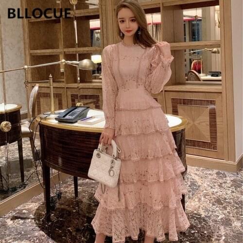 BLLOCUE Retro Women Lace Embroidery Ruffles Holiday Dress 2020 Spring Elegant O-Neck High Waist Sweet Princess Cake Dress