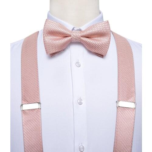 Men Fashion Pink Suspenders Bow Tie Set Leather 6 Clips Braces Elastic Silk Suspenders Wedding Party Accessories DiBanGu