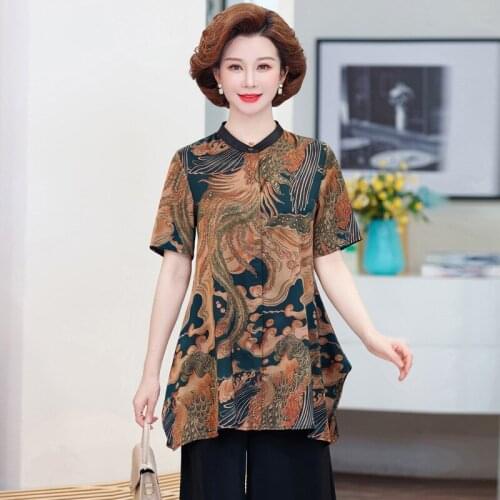 Size loose Large Print Shirt middle-aged and old womens xiangyunsha shirt womens 2021 medium sleeve granny summer shirt