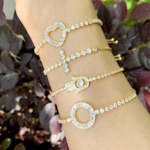 Paved White CZ Heart Hand shape For Women Jewelry Gold Copper Beads Charm Crystal Bracelet Link Adjustable Unique Gift 2021