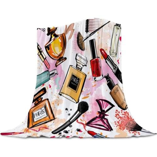 Female Cosmetics Perfume Lipstick Bow Comb Pink Throw Blanket Home Decoration Sofa Blanket Warm Microfiber Blankets for Bedroom