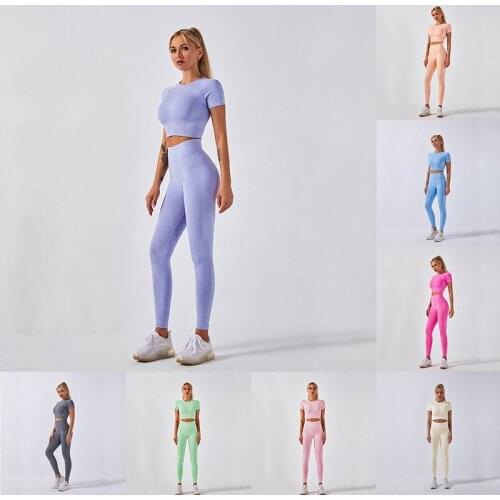 Women Sport Yoga Suit 8 Colors Seamless Yoga Sets Short Sleeve+Leggings Yoga Clothing Female Sport Gym Suits Running Clothes