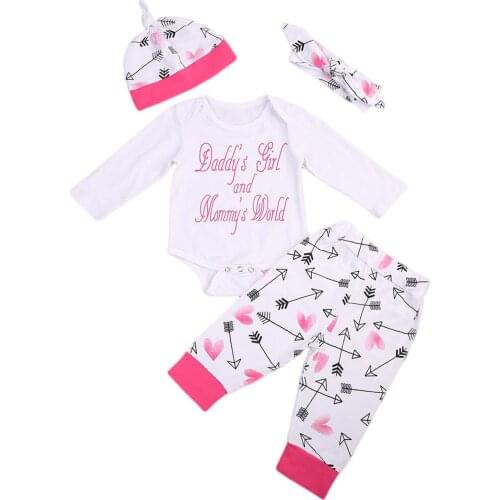 4PCS Newborn Infant Baby Girl Clothes Bodysuit +Jumpsuit Pants+Hat +Headband Outfits Set Size 0-18M