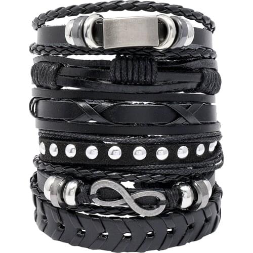 6 Piece/Set Punk Rock Multi Charm Bracelet For Women Men Gothic Jewelry Braided Rope Leather Bracelet Women Bangle